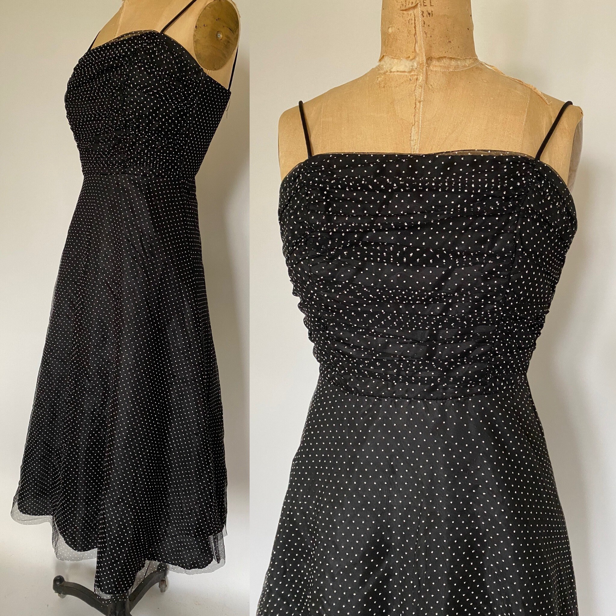 1950s style black and white polka dot cocktail dress