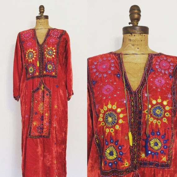 Red Velvet 1960's/70's Hand Embroidered Caftan Mor