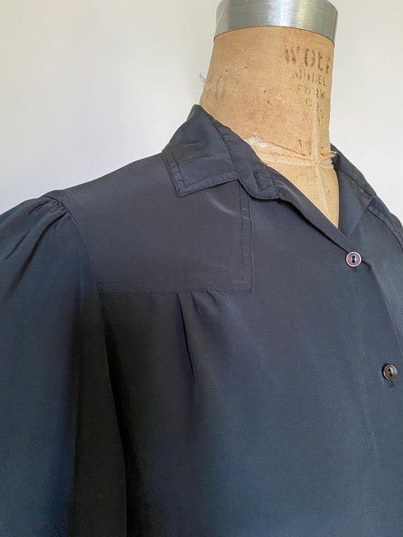 1980s black silky puffy sleeve blouse - image 3
