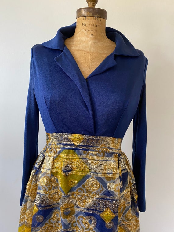 1960s Maxi Hostess Dress Blue/Gold - image 4