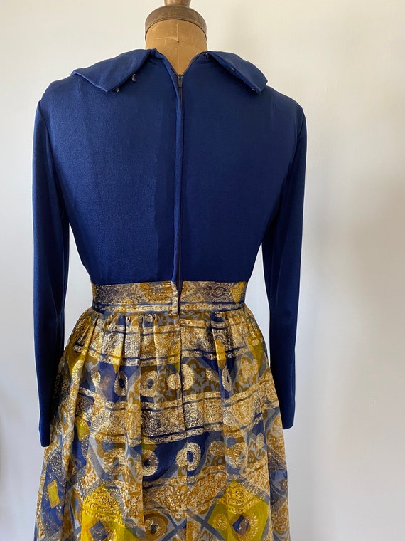 1960s Maxi Hostess Dress Blue/Gold - image 7