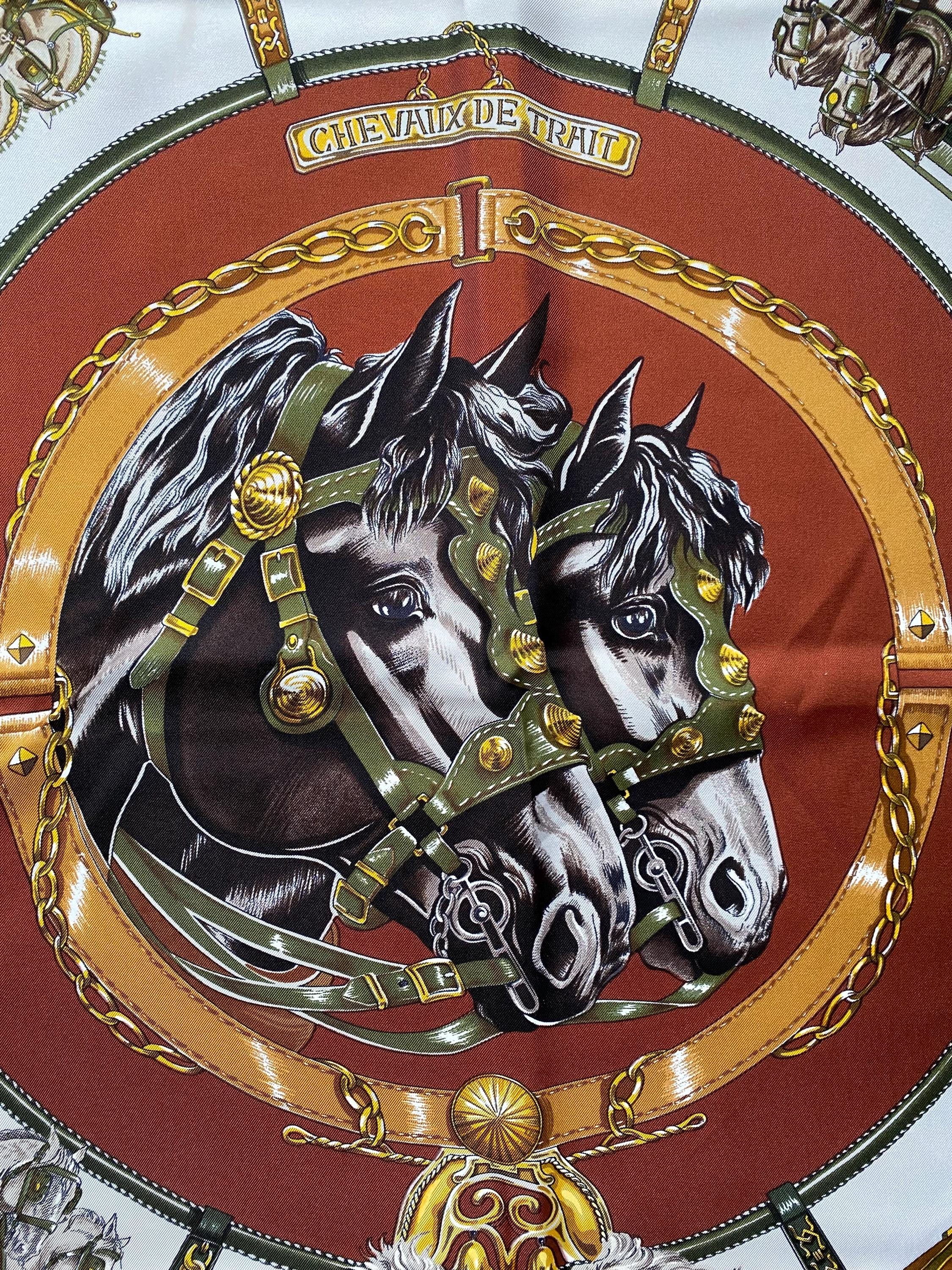Hermès Vintage Chevaux De Trait Carre Brown and Gold Silk Twill