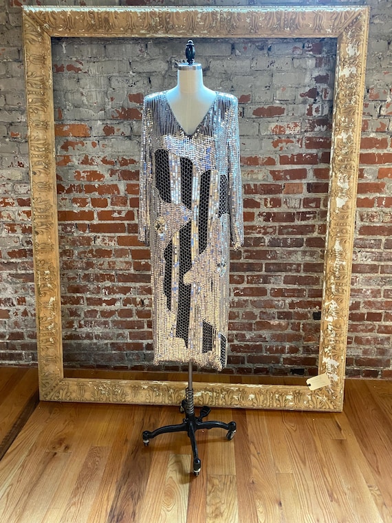 vintage silver sequin dress Unique Vintage Silver Sequin & Black Fringe Sandrine Flapper Dress  Retro  on the Go