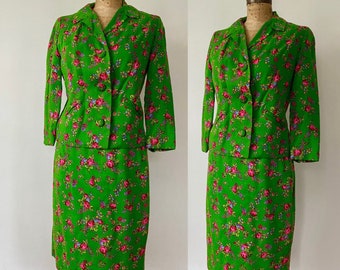 Vintage 1970s cotton floral green skirt suit