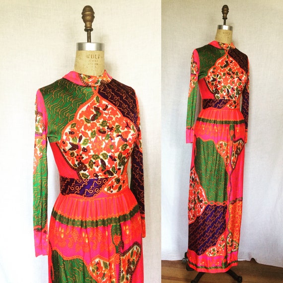 1960's Keyloun Maxi Boho Chic Patchwork pattern dr