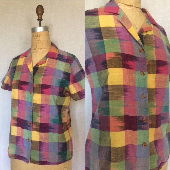 1970s cotton short sleeve multi color top - image 1