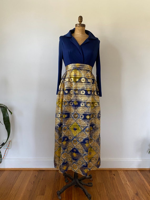 1960s Maxi Hostess Dress Blue/Gold - image 3