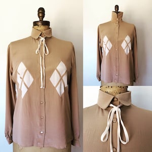 Valentino Vintage Silk Womens Tie Neck Blouse w/ Diamond Pattern &quot;Valentino Boutique&quot;