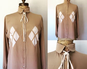 Valentino Vintage 1970s Silk Womens Tie Neck Blouse w/ Diamond Pattern "Valentino Boutique"
