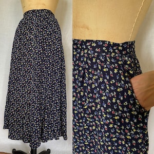 Vintage blau floral Baumwolle Prärie Rock w / Taschen