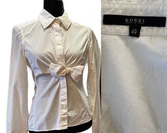 Gucci vintage Y2K/90s white cotton blouse w bow