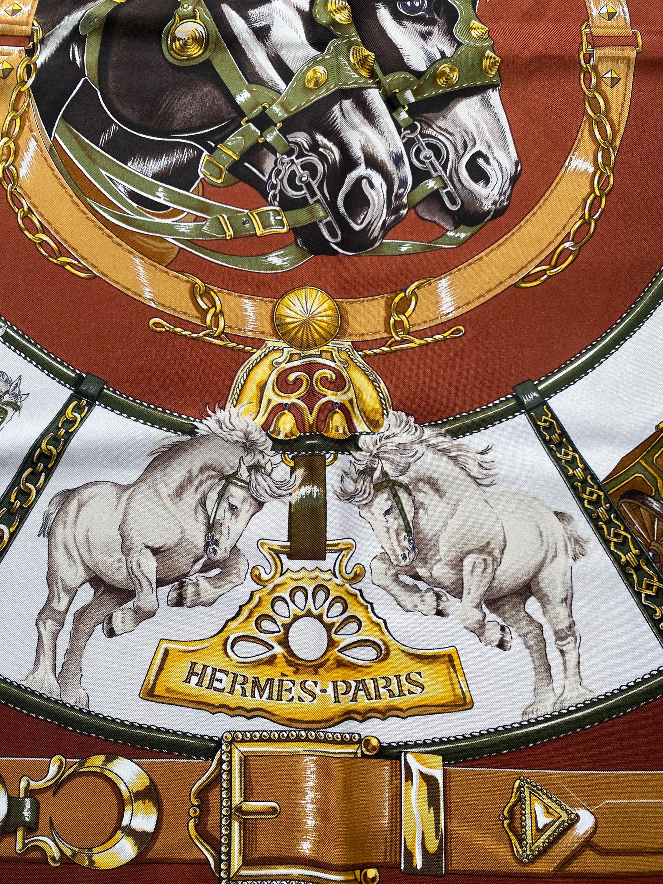 Hermès Vintage Chevaux De Trait Carre Brown and Gold Silk Twill