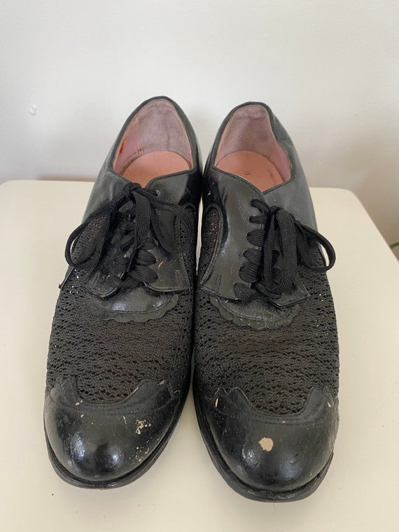 1940s vintage black lace up shoes with wedge heel… - image 1