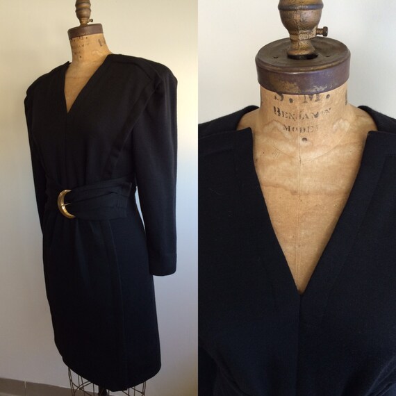 Pauline Trigere Vintage 1980's black wool belted d