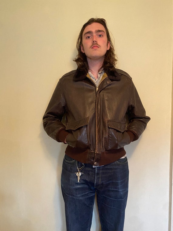 Vintage aviator brown steer hide bomber jacket - image 4