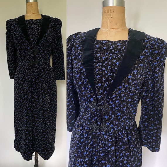 1970s Prairie dress blue and black velvet "Belle … - image 1