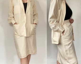 Vintage Anne Klein raw silk skirt suit with belted jacket