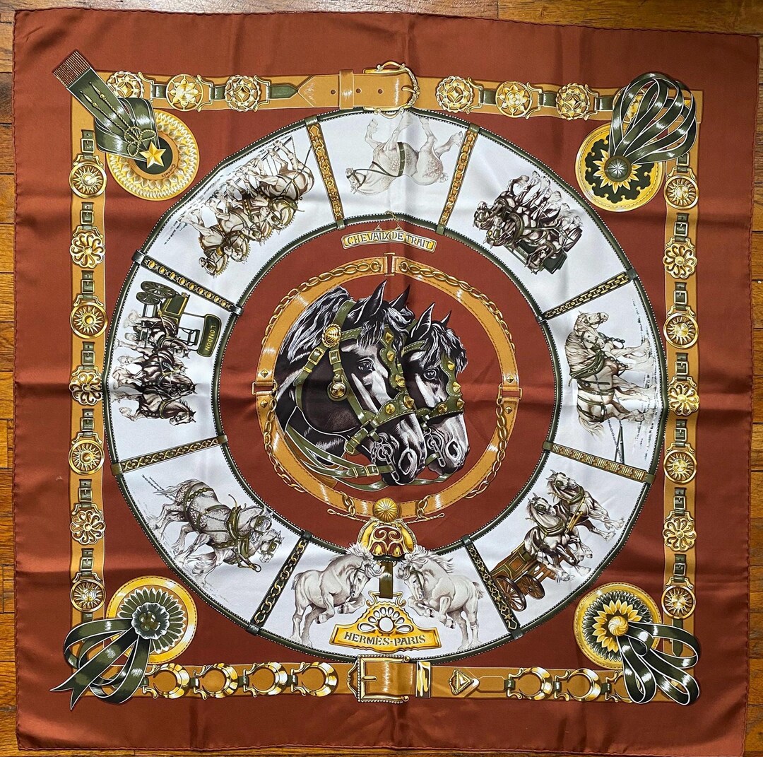 c*0様 HERMES 騎士と馬柄 スカーフ Hermès Vintage Chevaux De Trait Carre Brown and Gold Silk Twill