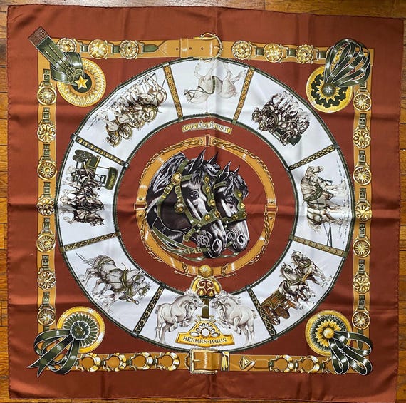 Hermès Vintage Chevaux De Trait Carre Brown and Gold Silk Twill
