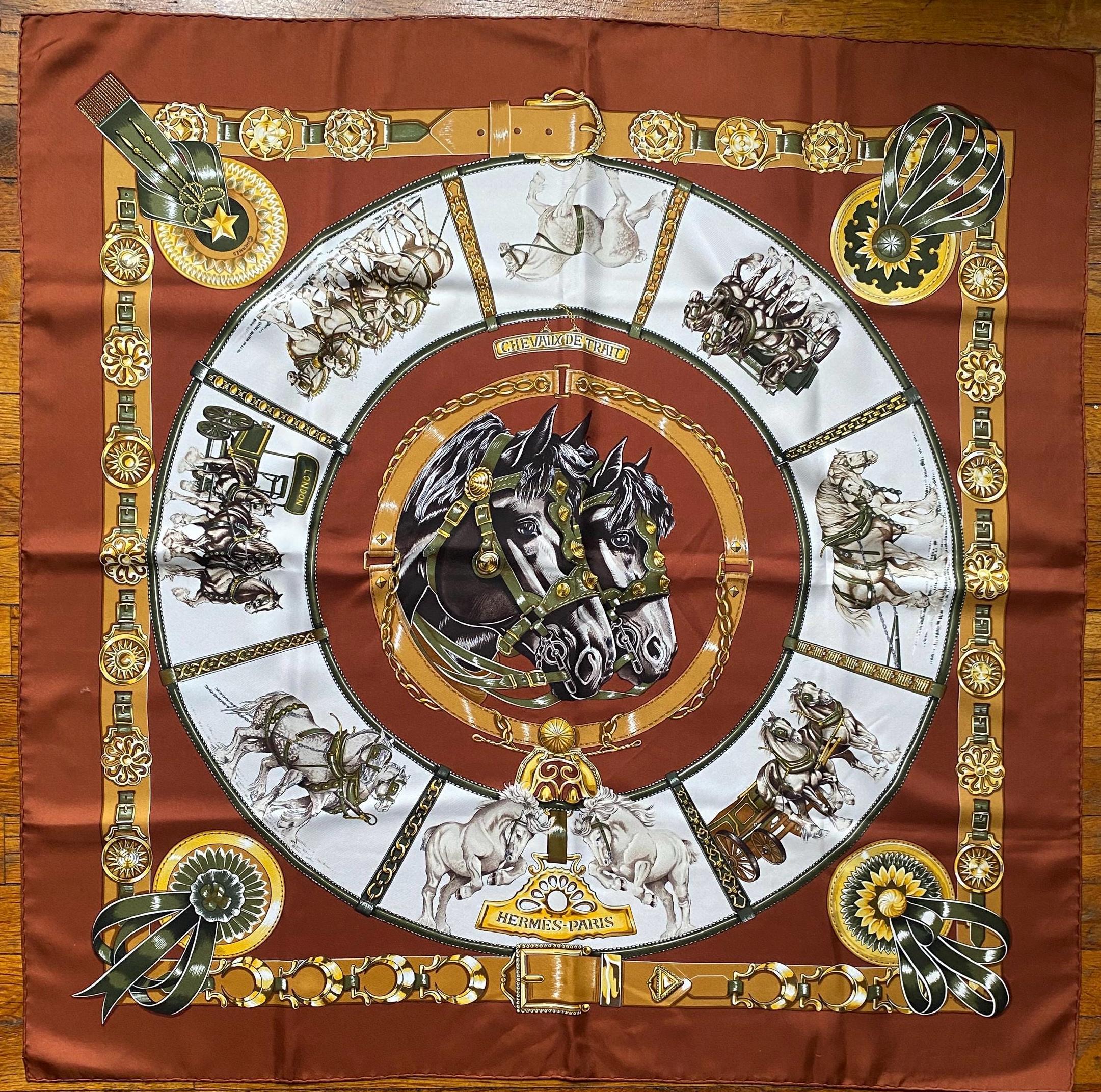 Hermès Vintage Chevaux De Trait Carre Brown and Gold Silk Twill