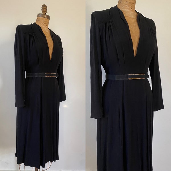 1940's black crepe dress with plunging neckline