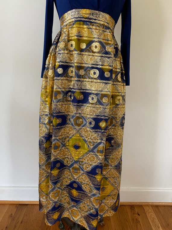 1960s Maxi Hostess Dress Blue/Gold - image 5