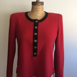 Sonia Rykiel Vintage Sweater red angora/wool w black trim and gold SR logo buttons