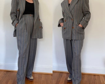 Perry Ellis vintage 1980s women’s oversized grey wool pinstripe suit