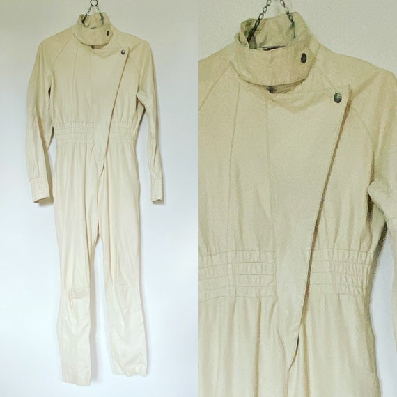 1980's Vintage White Leather One Piece Jumpsuit Wh