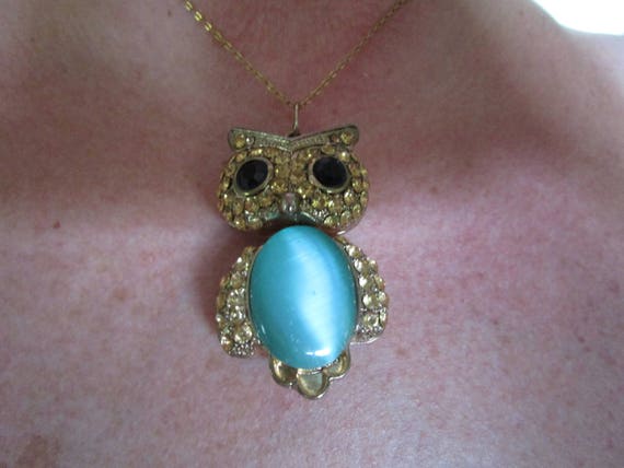 Reticulated OWL Black Eyes Blue Green Body Pendant on  Necklace 20" Vintage Jewelry, Artistic Costume Blue Stones, Movie Production, Stage