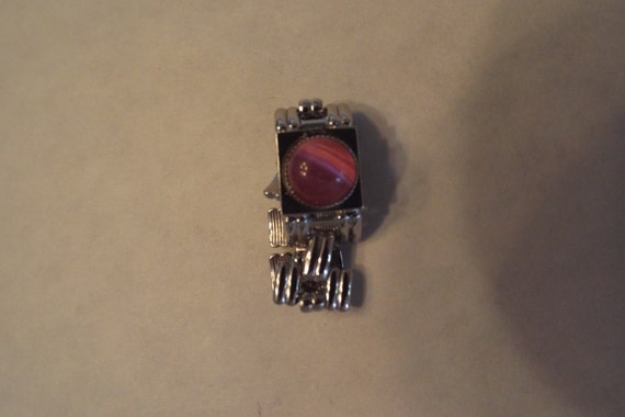 Rhodium Ring, round cabochon, pink Crystal , Vint… - image 4