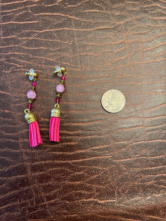 Tassel Pink Suede and  and Gold Tone Pierced earr… - image 4
