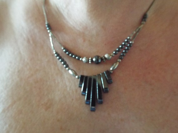 Hematite Silver double strand necklace, Vintage j… - image 1