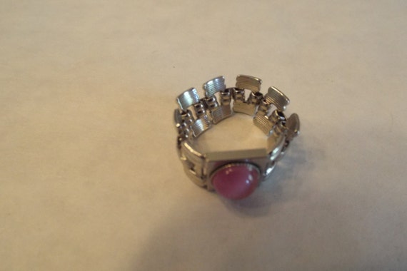 Rhodium Ring, round cabochon, pink Crystal , Vint… - image 3