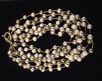 Pearl Necklace Sterling Clasp Seven (7)  Rows of Varying Pearl Color 17"  Grey, White, Pink Choker Necklace, Crown Jewels