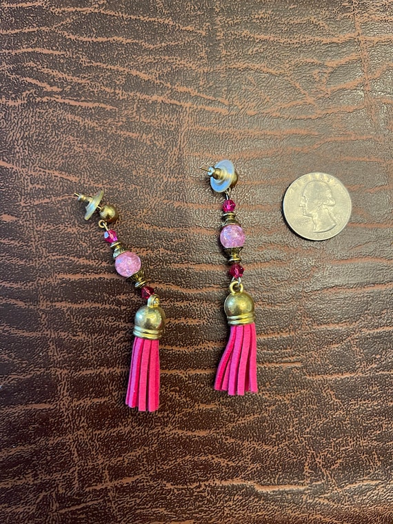 Tassel Pink Suede and  and Gold Tone Pierced earr… - image 2