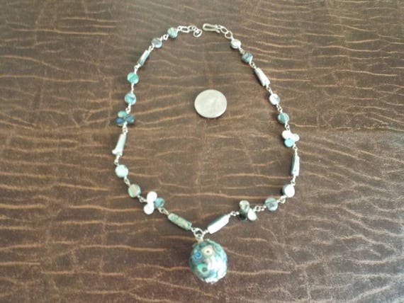 Abalone Necklace Silver Colored  chain  Clasp 20.… - image 1