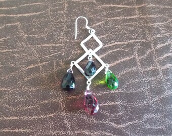 Orecchini a lampadario in argento con perline pendenti a forma di pera, orecchini in filo francese viola, verde e rubino, gioielli vintage, Art Deo, riutilizzo
