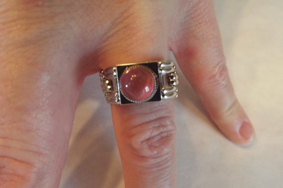 Rhodium Ring, round cabochon, pink Crystal , Vint… - image 1