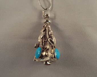 Spining Turquoise Anhänger mit Turquoise drei Seite und Koralle auf der Basis Anhänger an einer Sterling Kette, Vintage ethnischen Schmuck