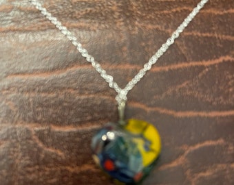 Glass Heart Pendant Multi Colored Pendant  on a 22" chain  Silver tone Chain