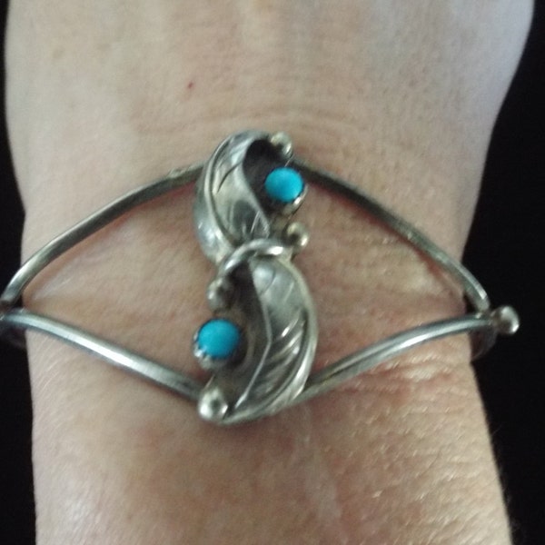 Native American Style Sterling Silver Cuff Bracelet  Turquoise signed RC 11.29 grams  Free Shipping
