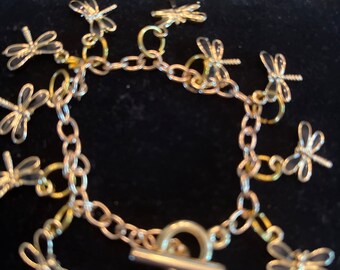 Bracelet à Breloques Libellule Sablé Acier Inoxydable 2 Tons - Neuf Avec étiquettes