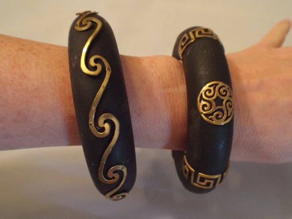 Statement Piece 2 black and gold Heavy Bracelets … - image 1