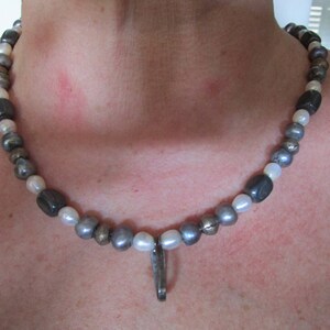 Sterling Silver, pearl  and black 20" Necklace  Vintage Jewelry, Ethnic Jewelry, Repurposed Art, Toggle Clasp