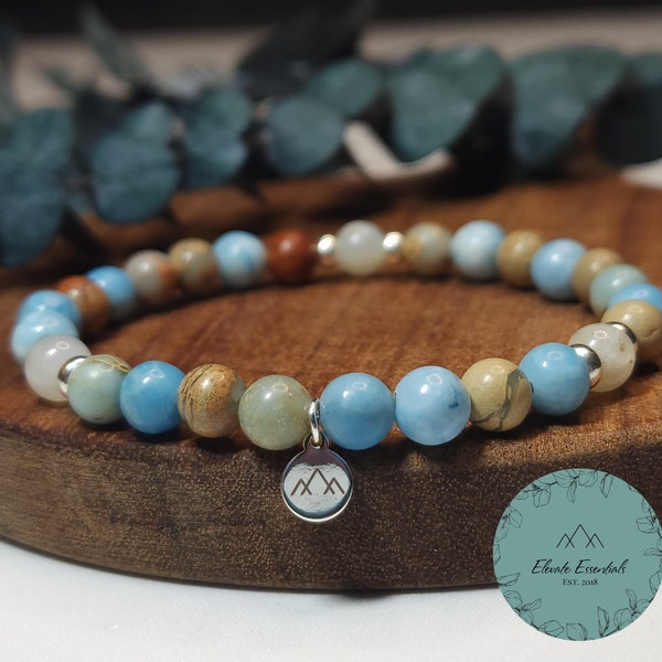 African Opal Sea Sediment Jasper and Larimar with Firey Moonstone and Genuine 925 Sterling Silver Accents // Essential Oil Stacking Bracelet