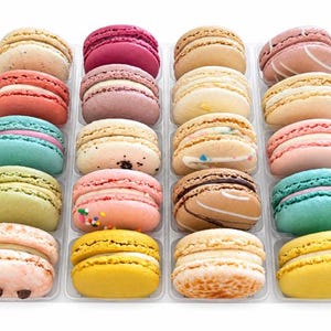 May include: A clear plastic tray containing twenty assorted French macarons arranged in four rows of five. The colorful cookies feature various pastel and vibrant shades including yellow, pink, blue, green, brown, and cream, each with a visible filling.