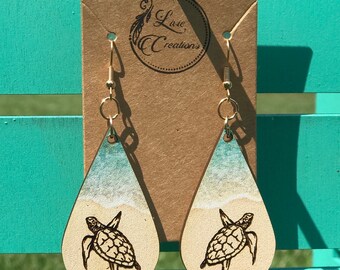 Hand crafted Sea Turtle on the Beach Teardrop Earrings