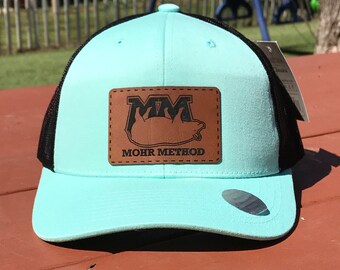 Mohr Method leather patch trucker hat in Teal, Grey or Pink