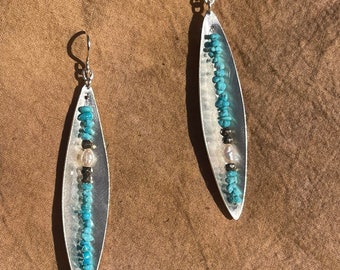 Sterling Silver Turquoise Pearl and Pyrite Dangle Earrings
